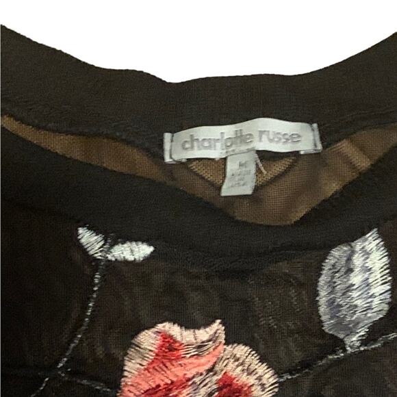Charlotte Russe Top Sheer Mesh Embroidered Floral Short Sleeve Black Size Medium - Picture 3 of 7